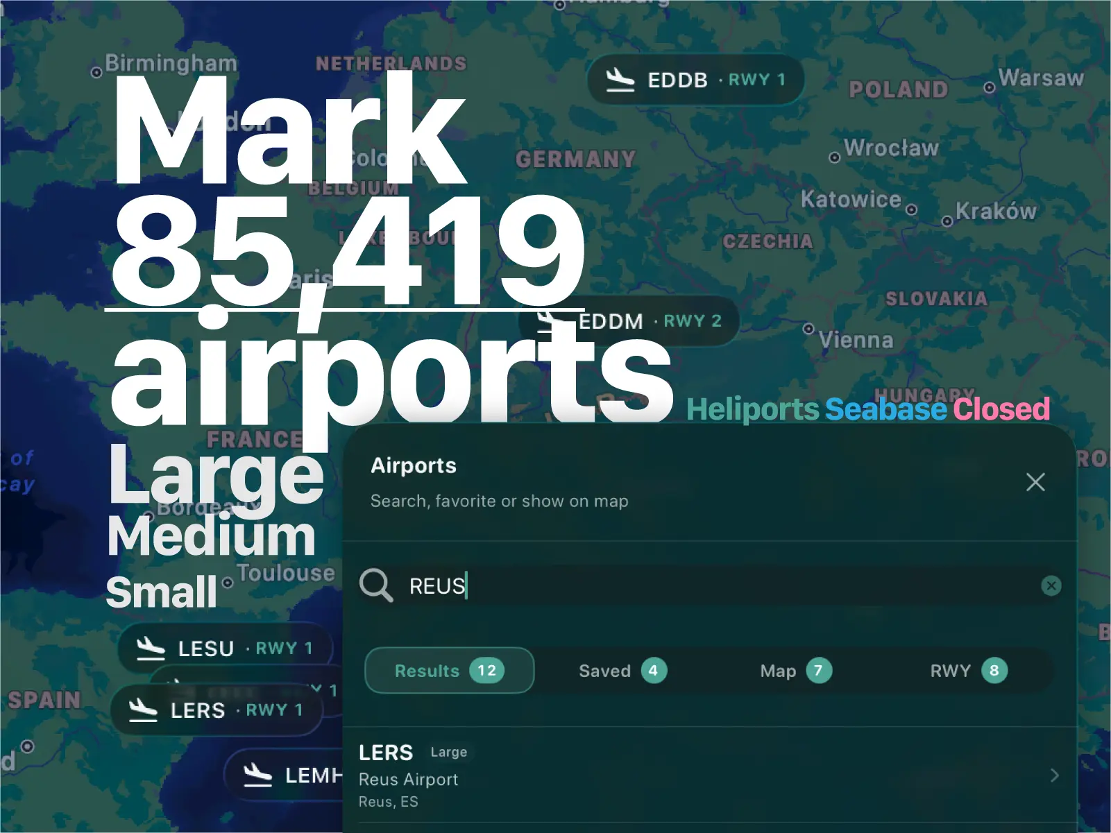Airport overlay and map markers in Avionics Buddy